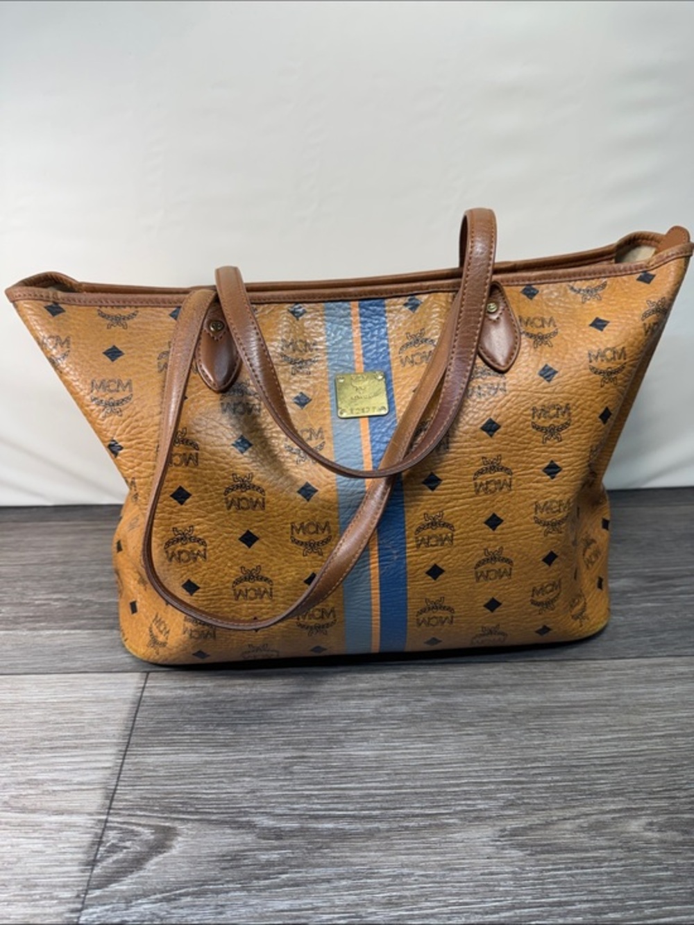 MCM Cognac Visetos Tote with Blue Stripe and Gold Plaque